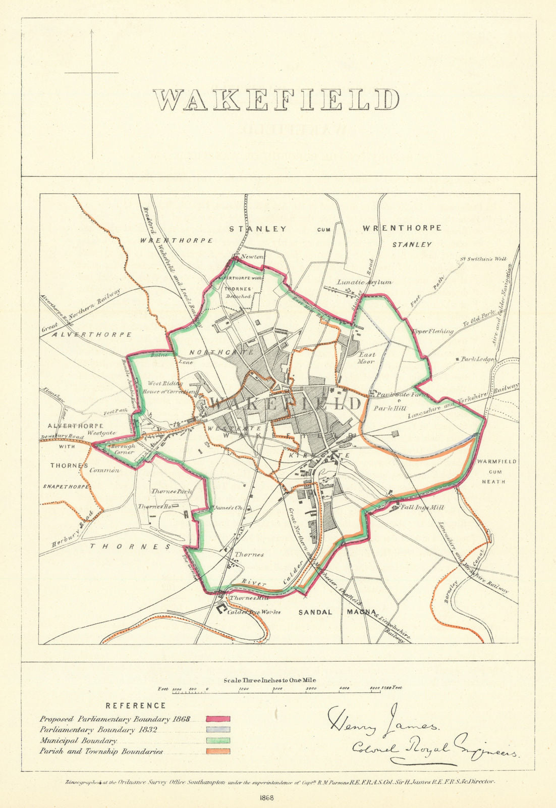 Wakefield, Yorkshire. JAMES. Parliamentary Boundary Commission 1868 old map